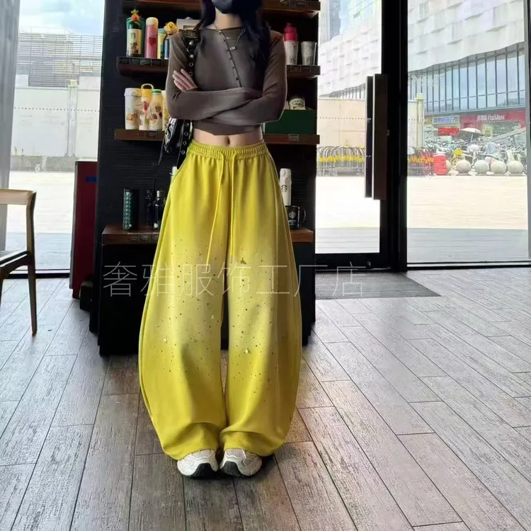 （萧萧）早秋高腰设计显瘦休闲时尚新颖百搭重工烫钻阔腿长裤