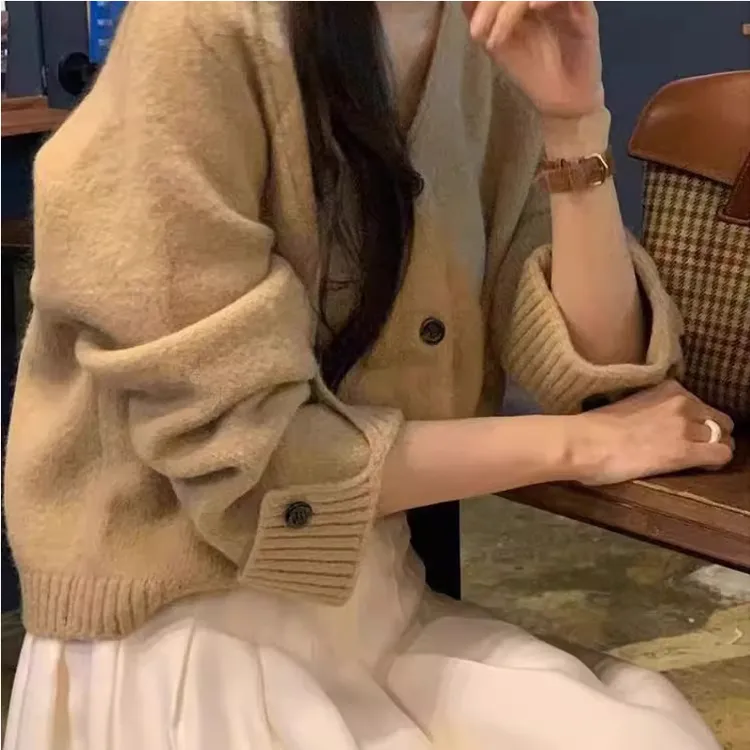 法式圆领系带针织衫毛衣女春秋新款时尚气质开衫长袖外套洋气上衣