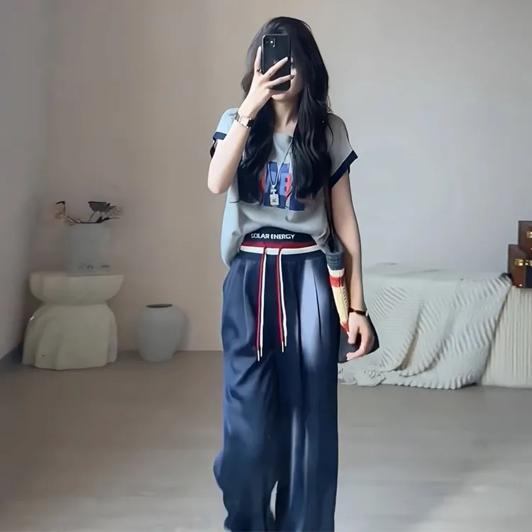 2025撞色宽松套装长裤拖地裤两件套夏季女新款字母时尚运动套装女