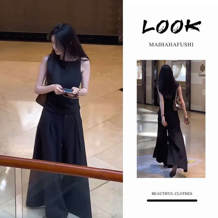 夏季一整套女装2025新款韩版气质显瘦背心上衣高腰阔腿裤两件套装