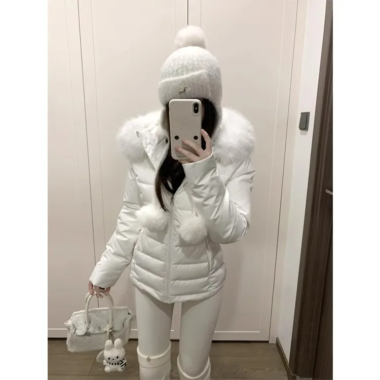 白色大毛领排骨羽绒服女冬韩版修身收腰显瘦加厚连帽90白鸭绒外套