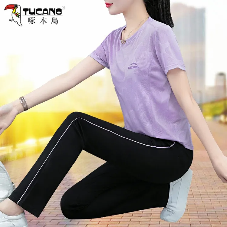 啄木鸟休闲运动套装女夏季薄款短袖2025新款速干T恤跑步服两件套
