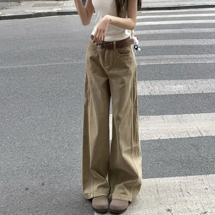 美式复古卡其色工装牛仔裤女秋季新款高街设计感宽松阔腿直筒长裤