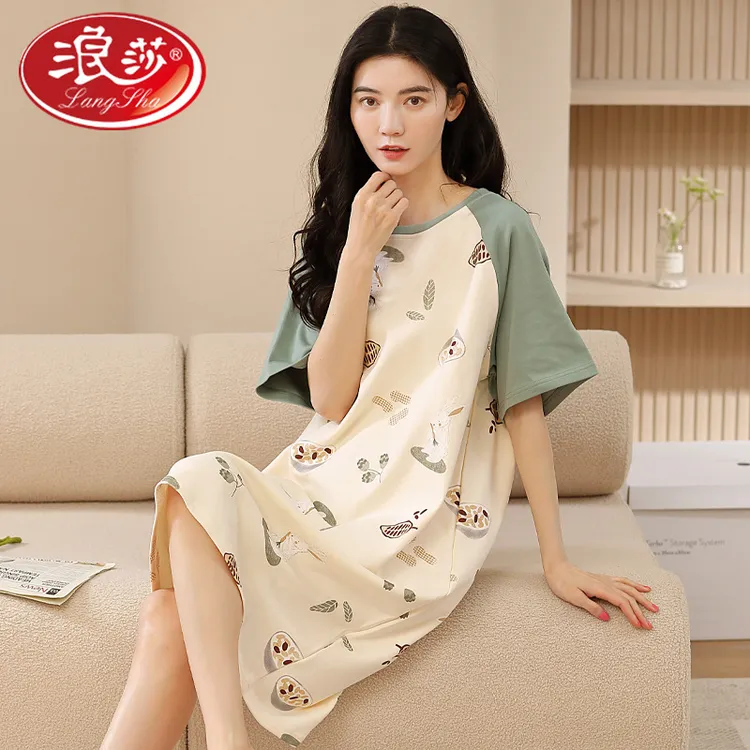 浪莎卡通睡衣女款100%纯棉短袖睡裙女夏季全棉宽松可爱家居服薄款