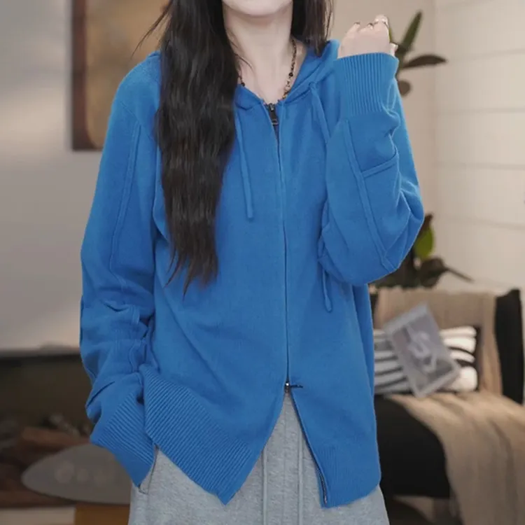 拉链设计感百搭蓝色连衣帽针织小衫女秋新款大码胖mm休闲外套上衣