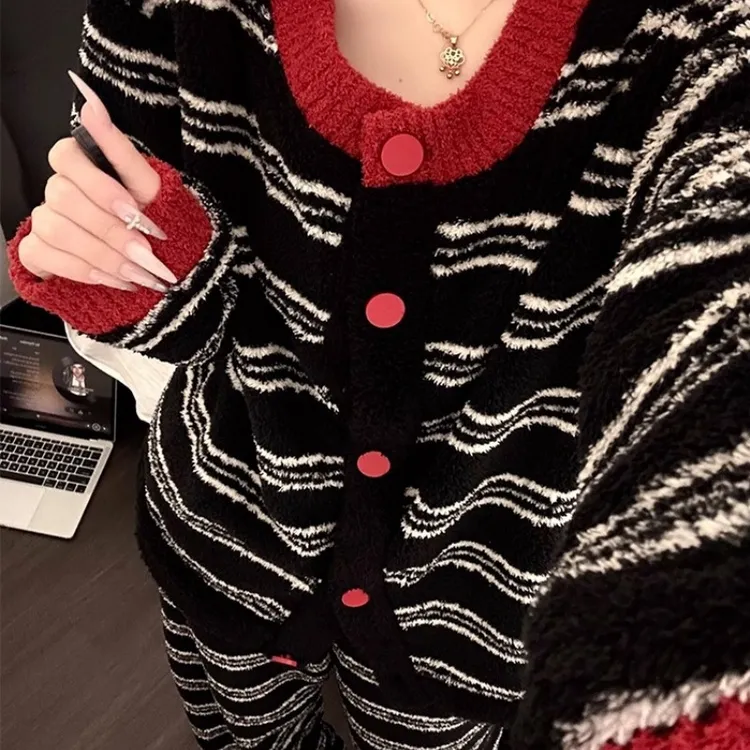 【初沁枫】半边绒复古黑白条纹睡衣女冬季新款加绒加厚开衫家居服