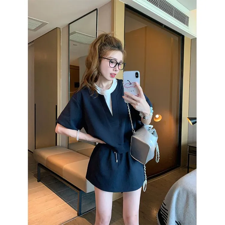 假两件短袖t恤套装女2025新款夏季小个子学院风休闲慵懒风两件套