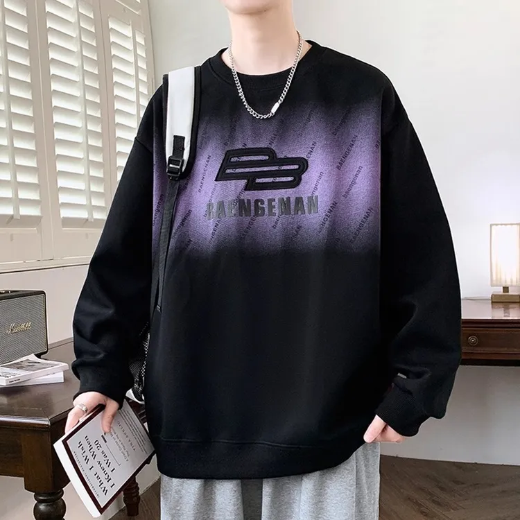 渐变色潮流圆领卫衣男秋季时尚休闲百搭加肥加大码宽松帅气体恤衫