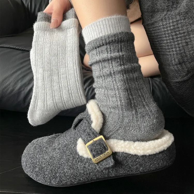 袜子女款秋冬加厚保暖拼色袜口中筒羊毛袜ins韩系简约百搭堆堆袜