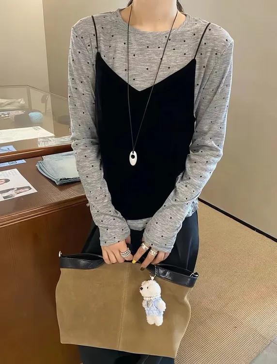 【秋季新款】MT‘波点内搭丝绒吊带套装上衣’ 显瘦长袖法式打底衫