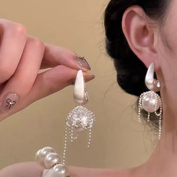 精致女主~法式浪漫珠珠流苏耳钉女设计感高级耳环时尚气质耳饰品