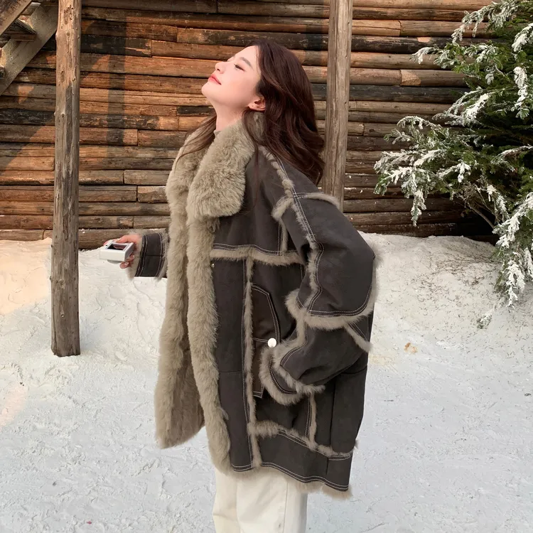 灰色小个子加厚皮毛一体外套女2025冬季新款网红爆款毛绒洋气棉服