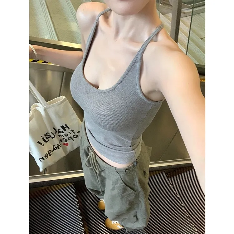 挂脖吊带背心女带胸垫纯欲风性感辣妹收腰显辣妹欲风收腰吊带背心