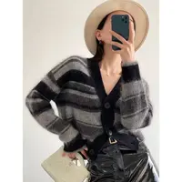 秋冬黑灰条纹宽松开衫蓬松软糯毛衣V领针织衫