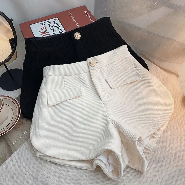 女童秋冬新款灯芯绒短裤韩版假口袋松紧高腰一粒扣阔腿裤休闲短裤