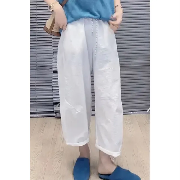 艾塔莉薄款夏季休闲风阔腿裤女松紧腰休闲裤显瘦九分高腰白色百搭