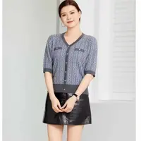 珂莱蒂娜2196毛针织衫七分袖提花圆领短款小香风V领夏季显瘦上衣