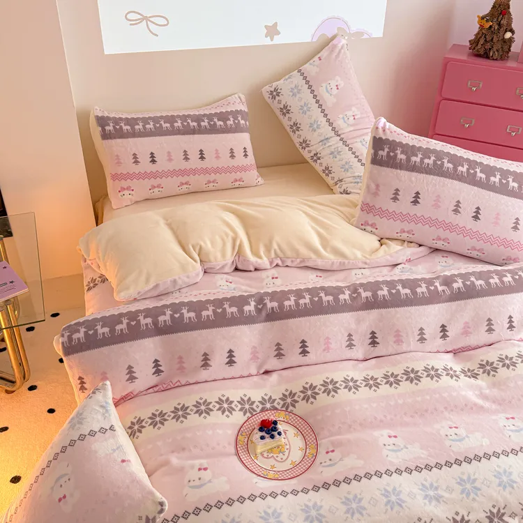 猫咪日记可爱ins雪岛猫猫卡通少女心牛奶绒四件套学生宿舍三件套