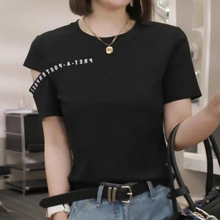 小众高级感性感露肩短袖T恤女夏季2025新款超好看通勤简约ins上衣