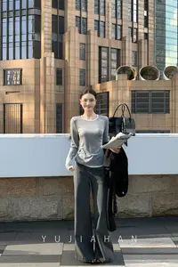 YUJIAHAN于佳含-【天丝羊毛上衣】拼接撞色打底衫长袖T恤+休闲西裤