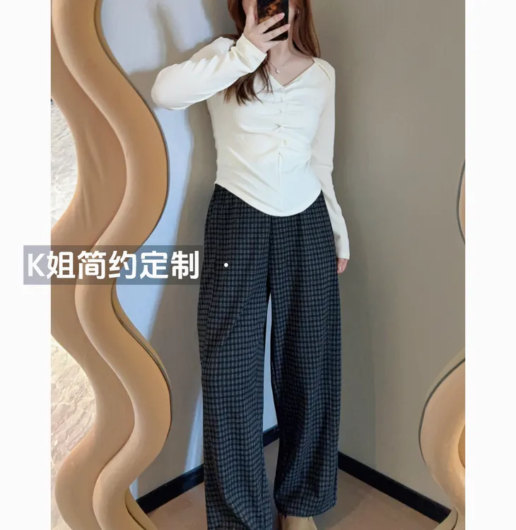 GTNER“KK定制”早秋新款休闲格子裤秋季高腰显瘦宽松直筒裤D2044