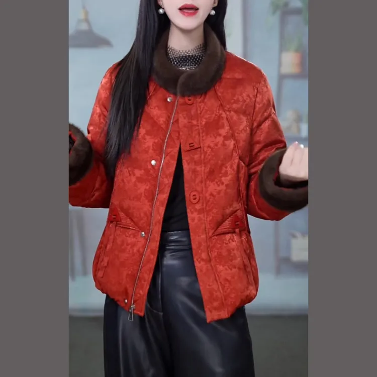 提花缎国风短款羽绒服女2025冬季新款红色时尚加厚保暖小个子外套