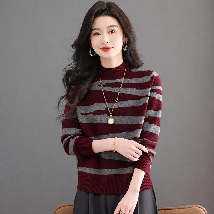 条纹针织衫女2025秋冬新款气质拼色半高领百搭减龄打底衫洋气毛衣