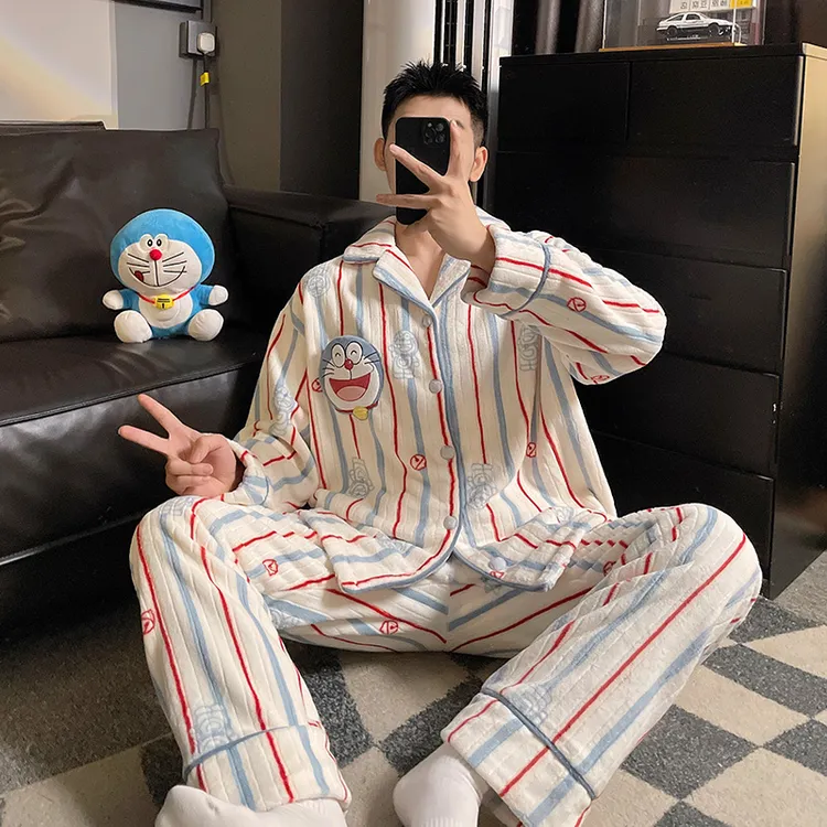哆啦A梦睡衣男士秋冬季珊瑚绒法兰绒加绒加厚青少年可外穿家居服
