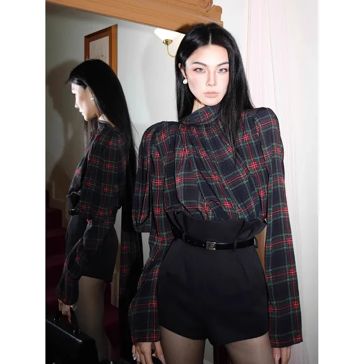 设计感小众垫肩格子飘带长袖衬衫女春夏2025新款上衣