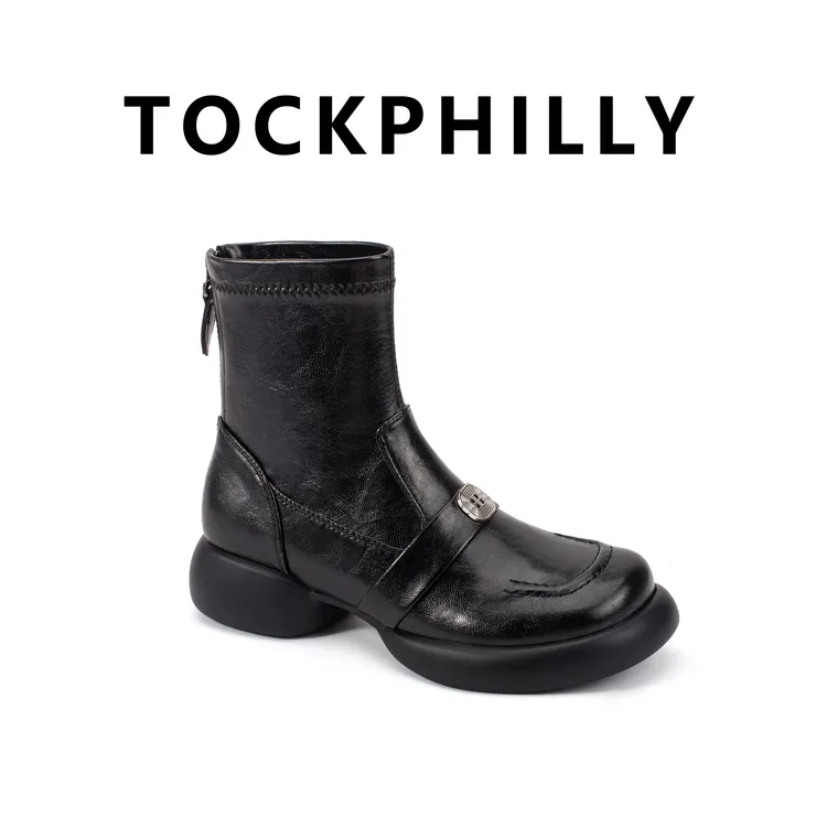 厚底冬季筒靴系带低跟圆头中跟女套筒粗跟短靴女靴HF35-772