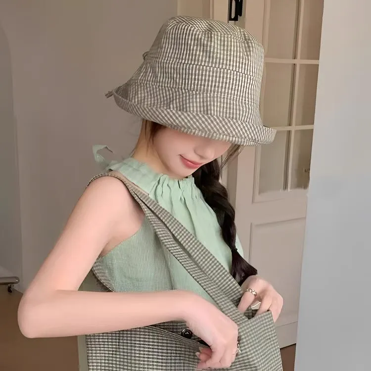 日系格子卷边渔夫帽女夏季新款大檐速干遮阳防晒帽时尚显脸小盆帽