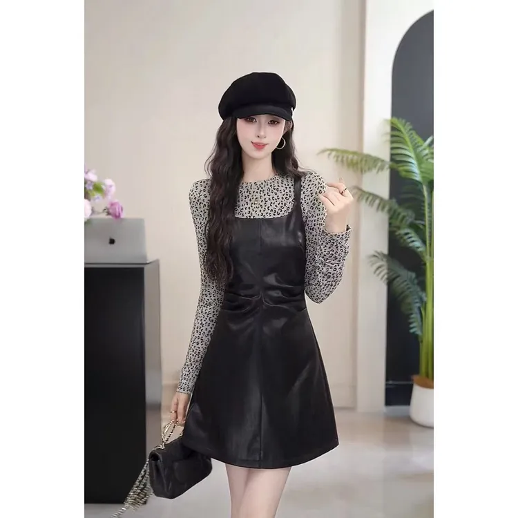 YUANLIANSU/圆脸酥【浮夜落梦】法式豹纹打底衫+吊带裙两件套女秋季