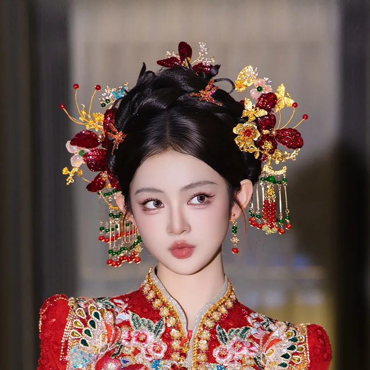 合金树脂婚庆饰品 中式新娘发饰红色秀禾花朵减龄设计感头饰D0714