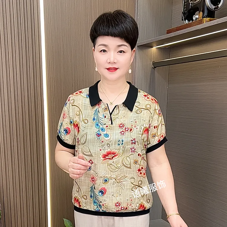 夏季宽松型薄款常规款翻领中老年女装显瘦洋气女士山系T恤F8997