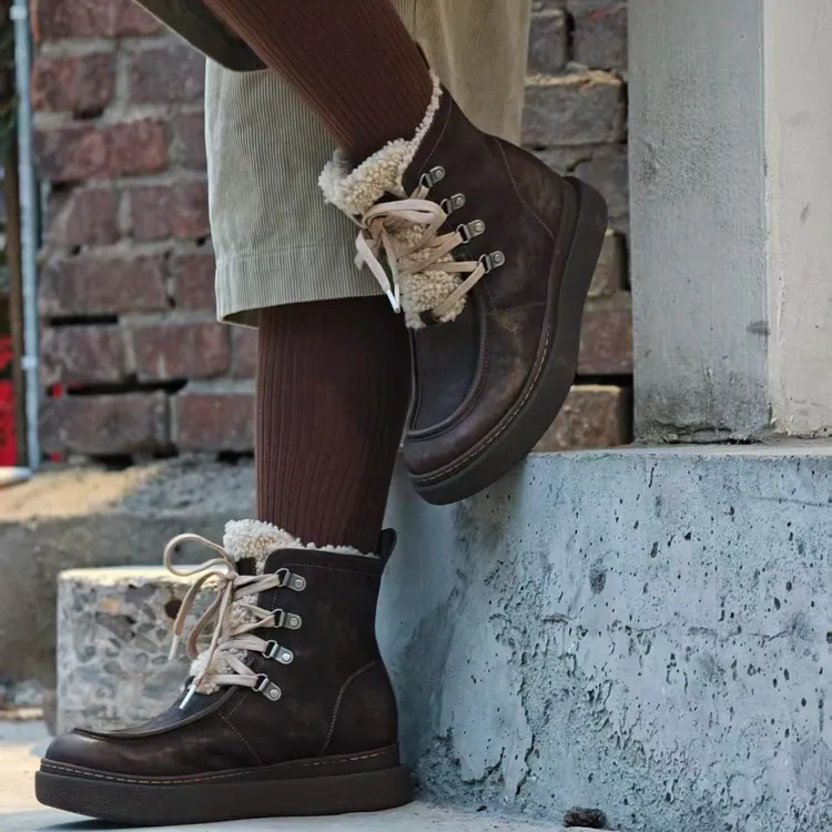 Mantova曼托瓦新款马皮系带休闲马丁靴复古百搭羊毛加绒雪地靴