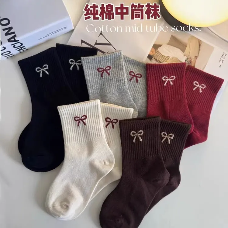 儿童袜子纯棉中筒袜女童宝宝蝴蝶结百搭运动袜潮春秋季中大童袜子