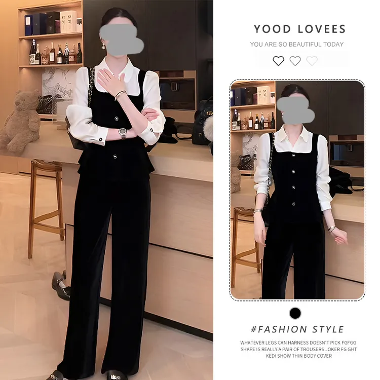 高端气质名媛两件套女2025春秋新款假两件丝绒拼接上衣直筒裤套装