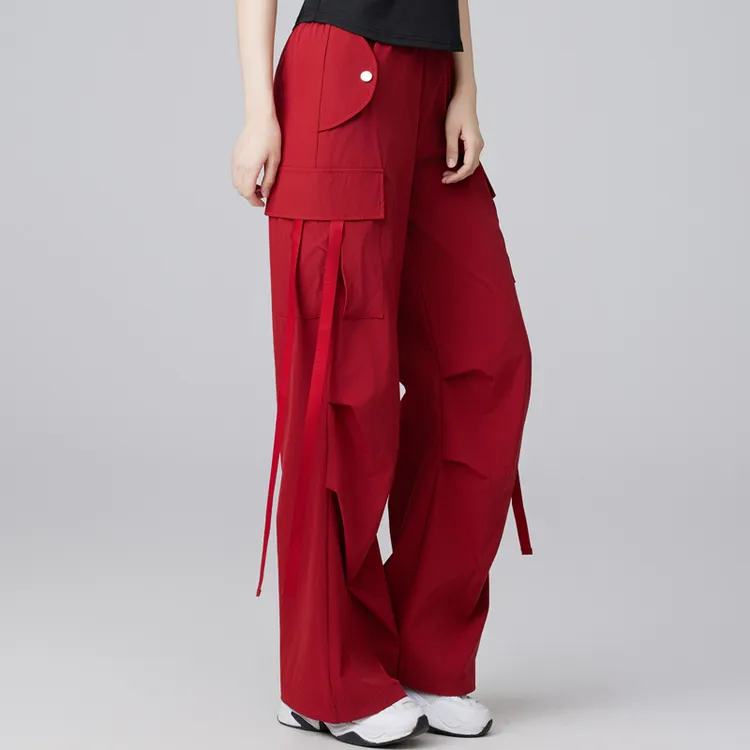酒红色美式高腰工装裤女2025新款春夏广场舞服装休闲阔腿速干裤子