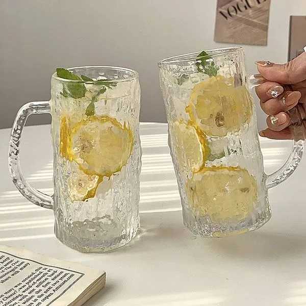 树纹带把手玻璃杯ins高颜值家用果汁透明玻璃杯耐高温玻璃水杯yj