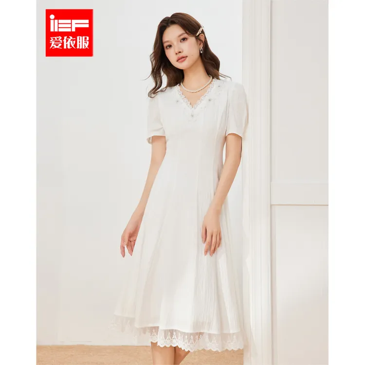 IEF/爱依服2025夏季新款白色绑带气质优雅V领拼接日常连衣中裙