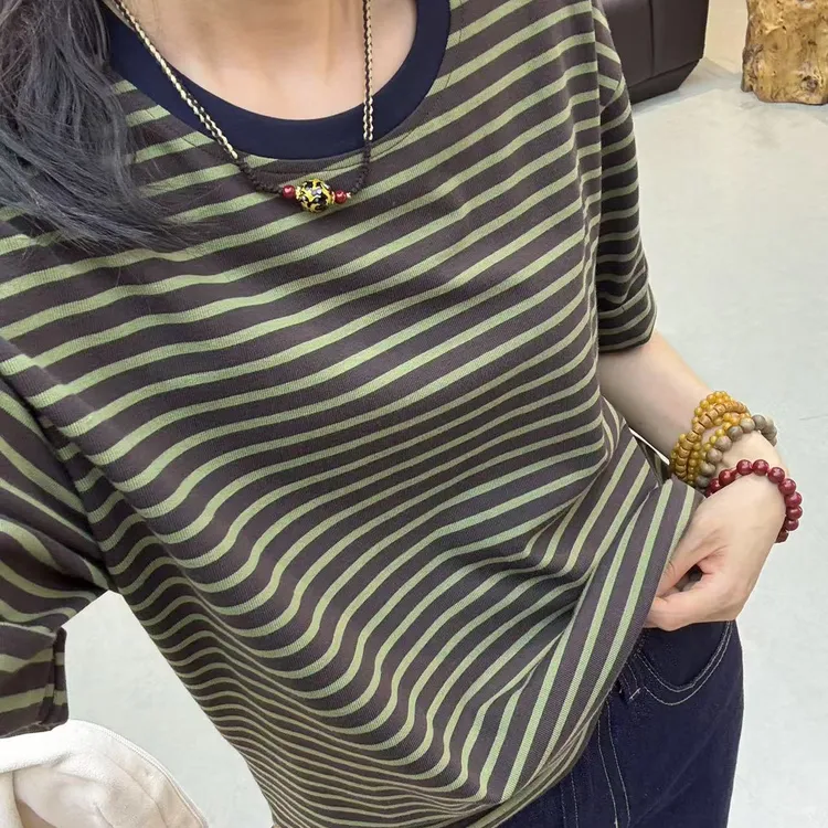 25632-春季新款韩系简约圆领条纹五分袖百搭减龄T恤上衣