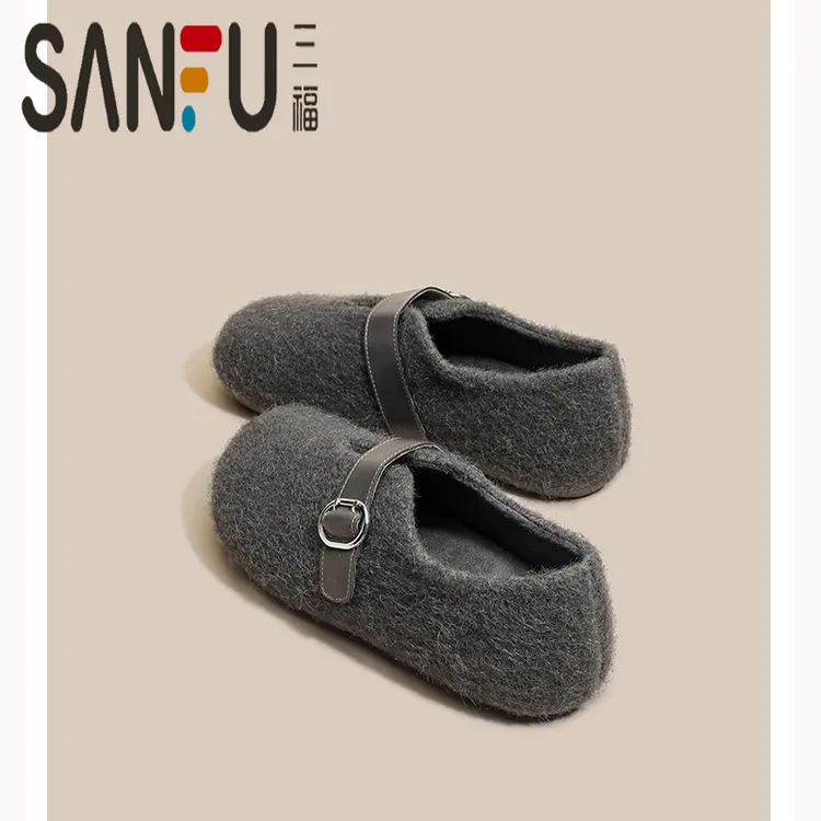 三福内增高4cm勃肯鞋女冬季2025新款爆款一脚蹬加绒保暖毛毛鞋子