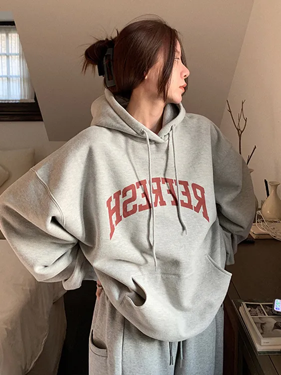 哈尼HONEY灰色美式复古字母连帽加绒卫衣女秋冬宽松慵懒潮牌上衣