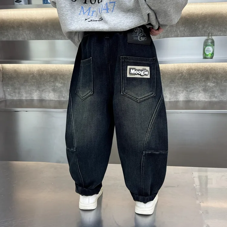 男童加绒牛仔裤冬装2025新款韩版一体绒休闲裤冬季破洞直筒加绒裤