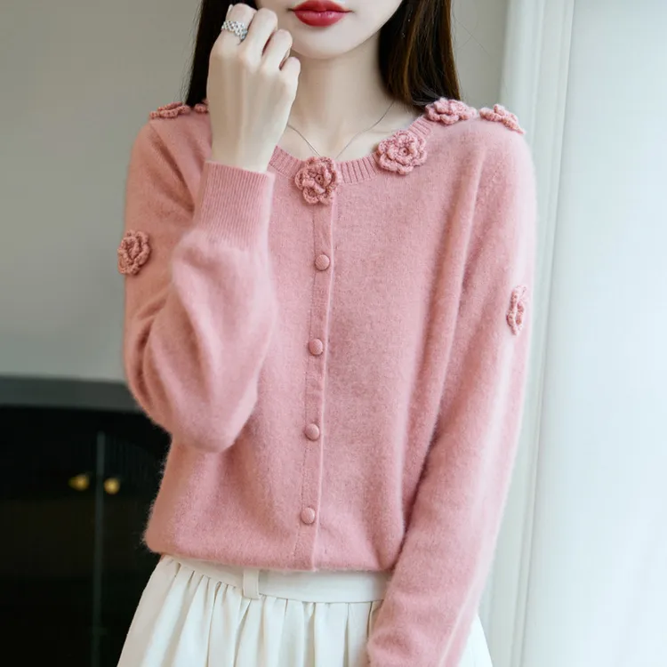 重工钩花工艺~洋气时尚100%纯羊毛衫针织打底衫时尚减龄立体花朵