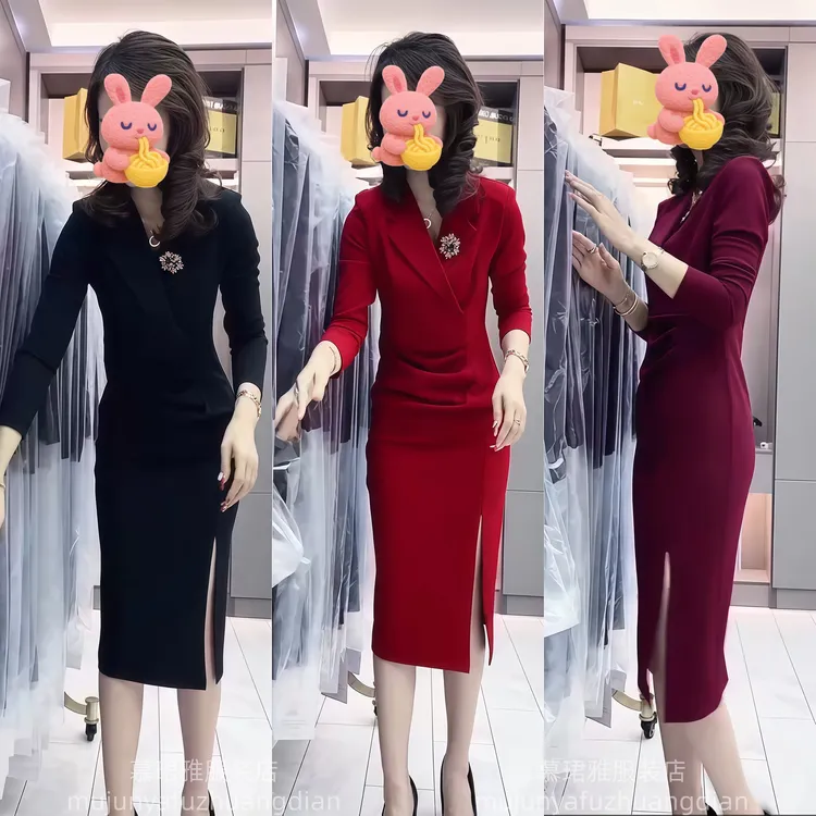 优雅时尚高级感连衣裙女秋季新款v领法式轻奢女神范气质开叉裙子