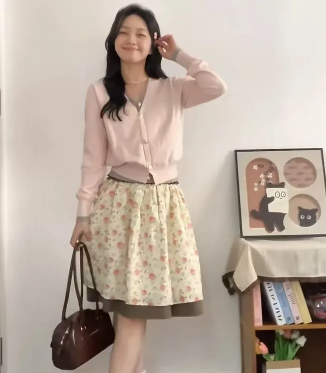 【薄荷雪糕】韩系套装女装甜美减龄假两件毛衣上衣碎花半身裙两件套