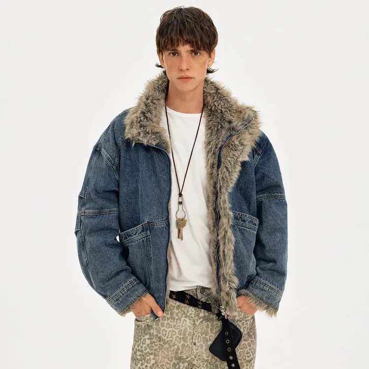 MADWITCH复古解构水洗设计感牛仔棉服男女冬季保暖座山雕毛领外套