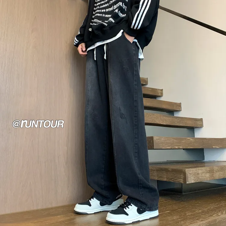 直筒牛仔裤男秋季宽松高街复古美式休闲裤子A166-K006-