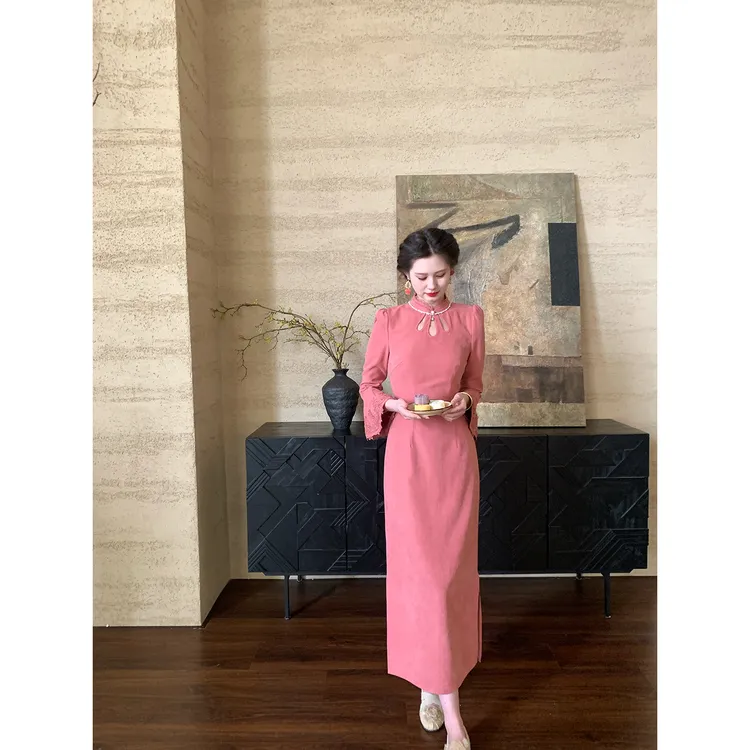 现货一生罗曼【胭脂泪】新中式气质水滴领订婚结婚旗袍连衣裙L1506